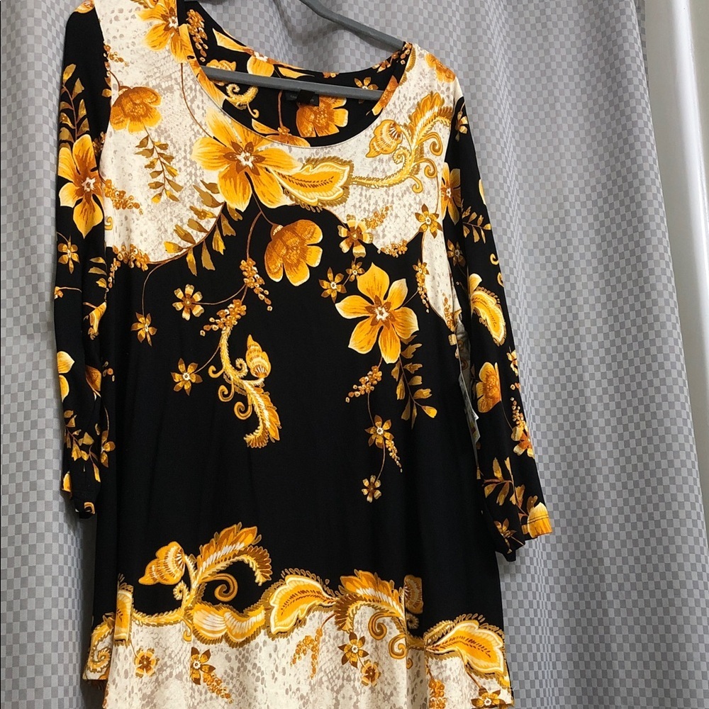 JM Collection Black Dress with Orange Floral Design